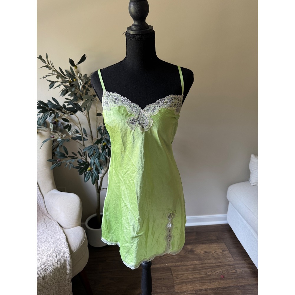 Victoria's Secret Lime Green Satin Lace Trim Slip Dress Chemise Small